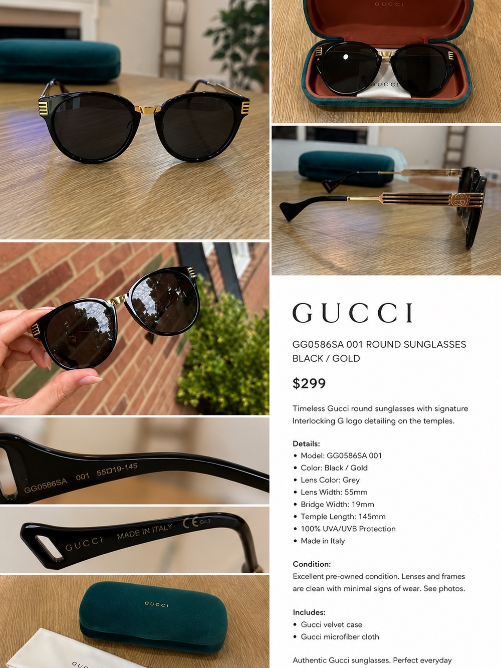 Gucci Black and Gold Round Sunglasses